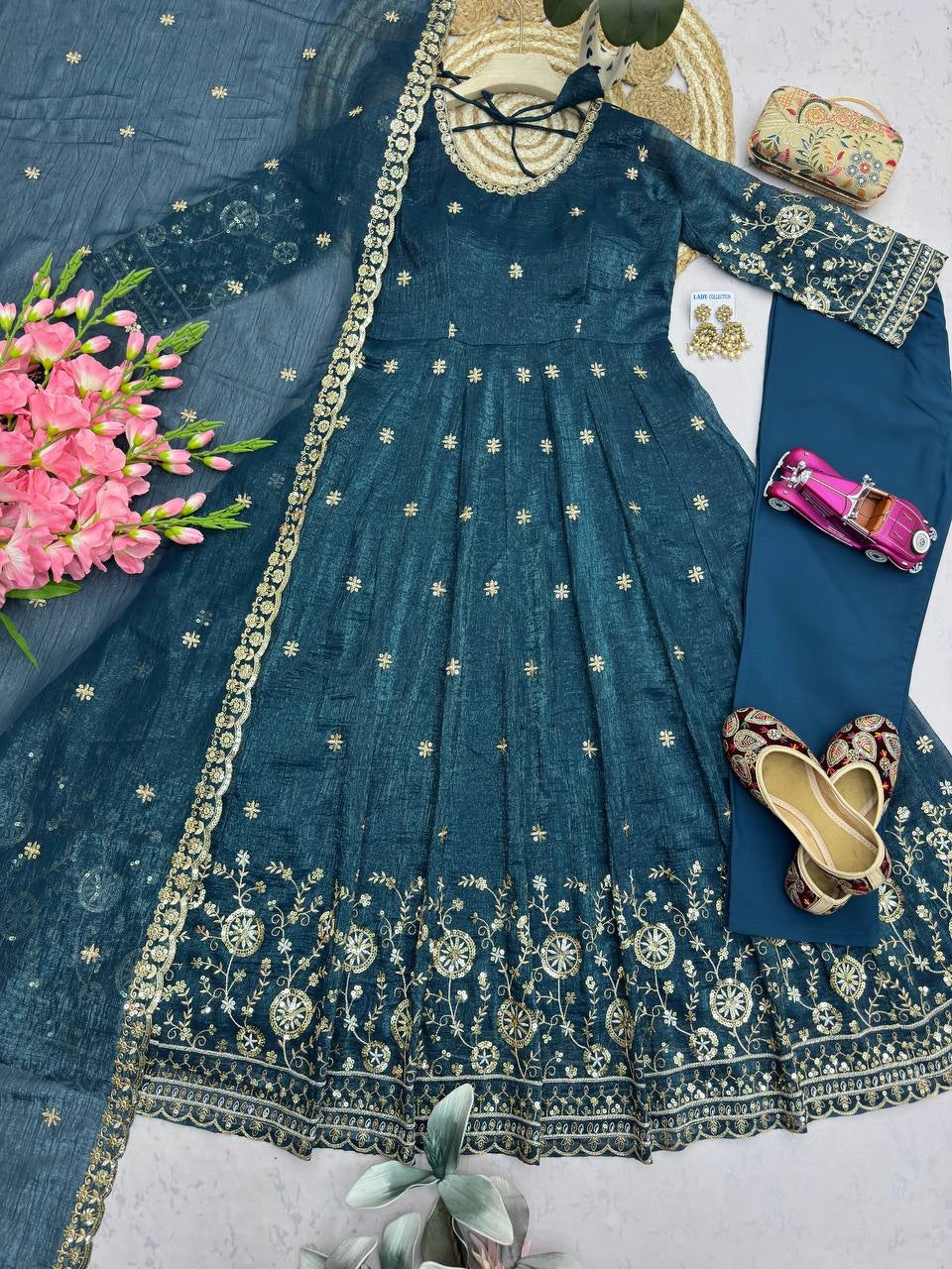 Teal Blue Sequins Embroidered Suit Side View